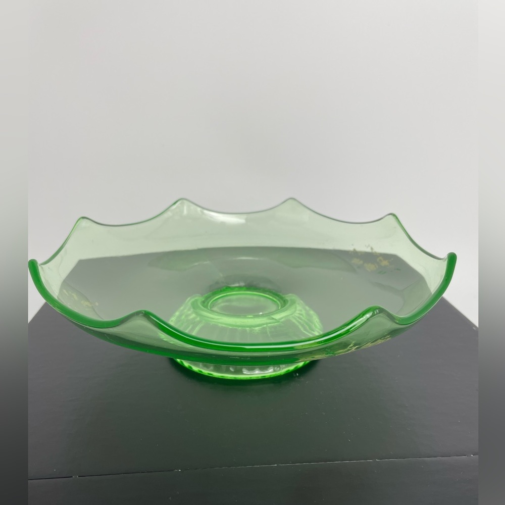 Vintage Green Uranium Glass 9” Footed Bowl